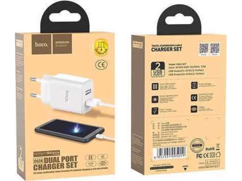 HOCO HOME MUSB CABLE 2,1A Φορτιστής Λευκός 0023853 HOCO HOME MUSB CABLE 2,1A Φορτιστής Λευκός 0023853
