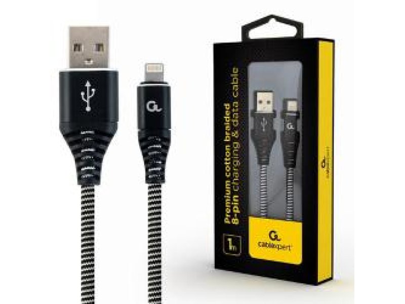 CABLEXPERT CC-USB2B-AMLM-1M-BW Premium βαμβακερό πλεκτό καλώδιο φόρτισης 8 ακίδων και καλώδιο δεδομένων, 1 m, μαύρο/άσπρο 0030691 CABLEXPERT CC-USB2B-AMLM-1M-BW Premium βαμβακερό πλεκτό καλώδιο φόρτισης 8 ακίδων και καλώδιο δεδομένων, 1 m, μαύρο/άσπρο 0030691