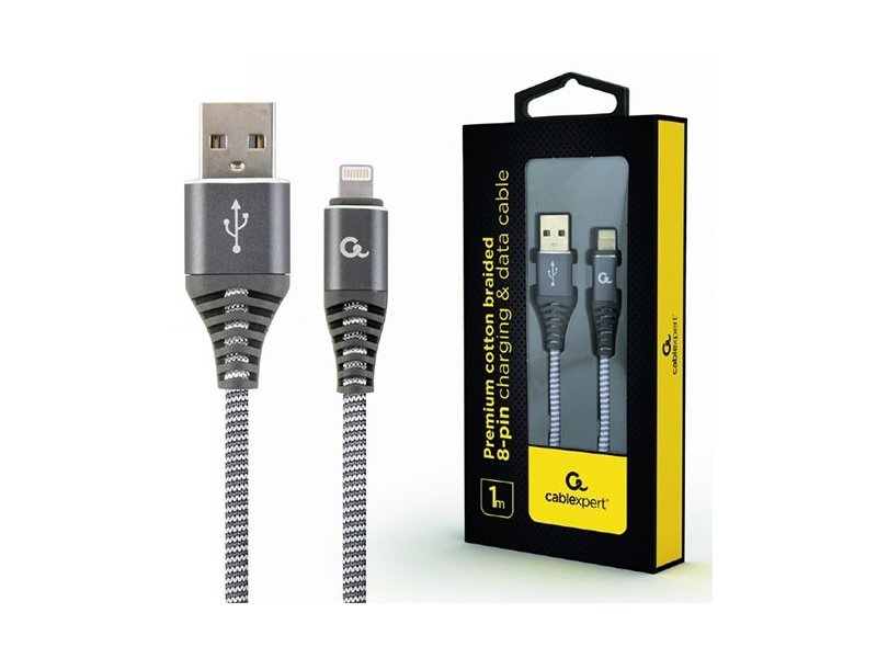CABLEXPERT CC-USB2B-AMLM-1M-WB2 Καλώδιο φόρτισης και δεδομένων 8 ακίδων Premium βαμβακερό πλεγμένο, 1 m, spacegrey/λευκό 0030692 CABLEXPERT CC-USB2B-AMLM-1M-WB2 Καλώδιο φόρτισης και δεδομένων 8 ακίδων Premium βαμβακερό πλεγμένο, 1 m, spacegrey/λευκό 0030692