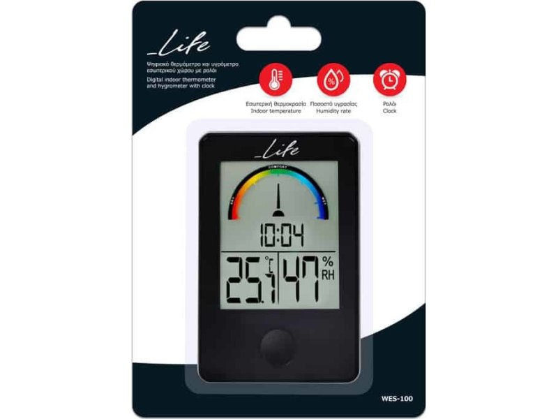 LIFE WES-100 iTemp Ψηφιακό θερμόμετρο / υγρόμετρο εσωτερικού χώρου με ρολόι και έγχρωμη απεικόνιση επιπέδου υγρασίας, σε μαύρο χρώμα. 0030759 LIFE WES-100 iTemp Ψηφιακό θερμόμετρο / υγρόμετρο εσωτερικού χώρου με ρολόι και έγχρωμη απεικόνιση επιπέδου υγρασίας, σε μαύρο χρώμα. 0030759