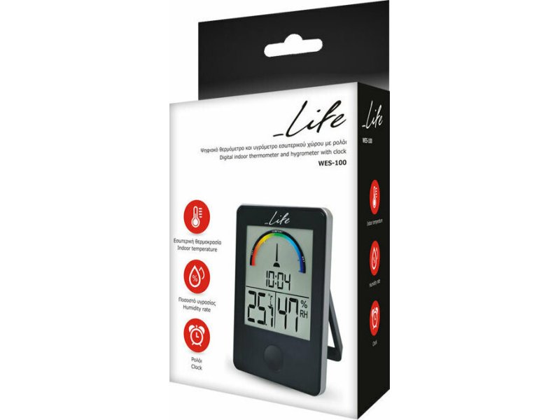 LIFE WES-100 iTemp Ψηφιακό θερμόμετρο / υγρόμετρο εσωτερικού χώρου με ρολόι και έγχρωμη απεικόνιση επιπέδου υγρασίας, σε μαύρο χρώμα. 0030759 LIFE WES-100 iTemp Ψηφιακό θερμόμετρο / υγρόμετρο εσωτερικού χώρου με ρολόι και έγχρωμη απεικόνιση επιπέδου υγρασίας, σε μαύρο χρώμα. 0030759