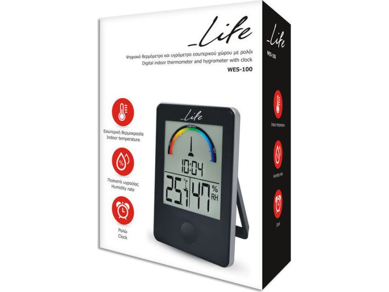 LIFE WES-100 iTemp Ψηφιακό θερμόμετρο / υγρόμετρο εσωτερικού χώρου με ρολόι και έγχρωμη απεικόνιση επιπέδου υγρασίας, σε μαύρο χρώμα. 0030759 LIFE WES-100 iTemp Ψηφιακό θερμόμετρο / υγρόμετρο εσωτερικού χώρου με ρολόι και έγχρωμη απεικόνιση επιπέδου υγρασίας, σε μαύρο χρώμα. 0030759