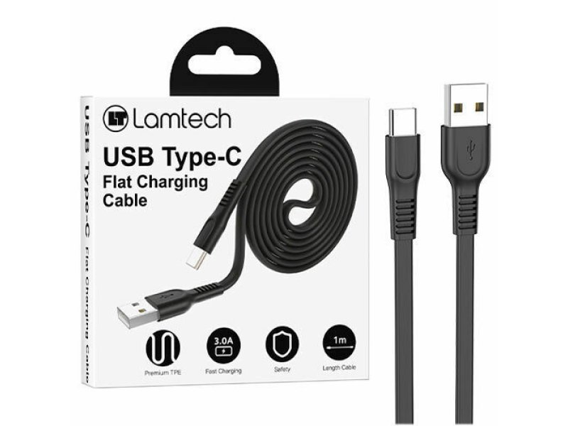 LAMTECH LAM111801 TYPE-C FLAT CHARGING CABLE 1M BLACK 0032748 LAMTECH LAM111801 TYPE-C FLAT CHARGING CABLE 1M BLACK 0032748
