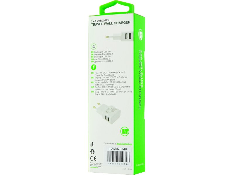 LAMTECH LAM020748 Travel Wall Charger 2.4A με 2 Θύρες Usb 0033558 LAMTECH LAM020748 Travel Wall Charger 2.4A με 2 Θύρες Usb 0033558