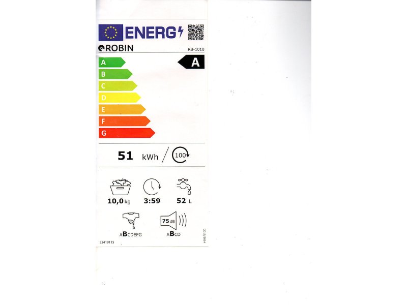 ROBIN RB-1010 Πλυντήριο Ρούχων 10kg 1400rpm 0034419 ROBIN RB-1010 Πλυντήριο Ρούχων 10kg 1400rpm 0034419