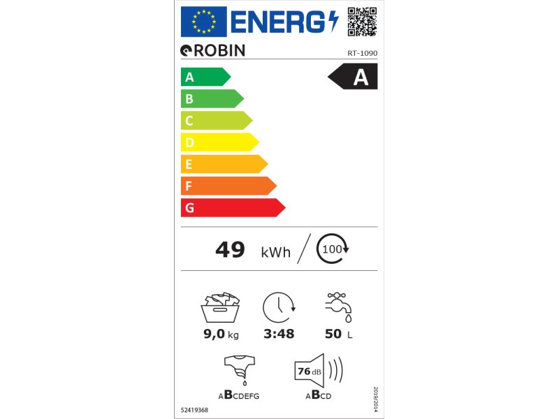 ROBIN RT-1090 Πλυντήριο Ρούχων 9kg 3 Ετη ΕΓΓΥΗΣΗ 0034559 ROBIN RT-1090 Πλυντήριο Ρούχων 9kg 3 Ετη ΕΓΓΥΗΣΗ 0034559