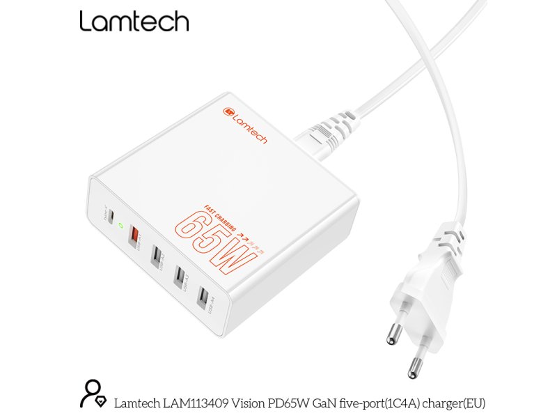 LAMTECH GaN ταχυφορτιστής 1xTYPE-C & 4xQC3.0 65W & EU CABLE 1.5M 0037735 LAMTECH GaN ταχυφορτιστής 1xTYPE-C & 4xQC3.0 65W & EU CABLE 1.5M 0037735