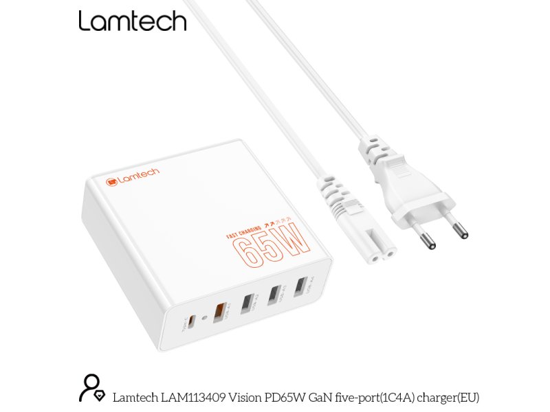 LAMTECH GaN ταχυφορτιστής 1xTYPE-C & 4xQC3.0 65W & EU CABLE 1.5M 0037735 LAMTECH GaN ταχυφορτιστής 1xTYPE-C & 4xQC3.0 65W & EU CABLE 1.5M 0037735