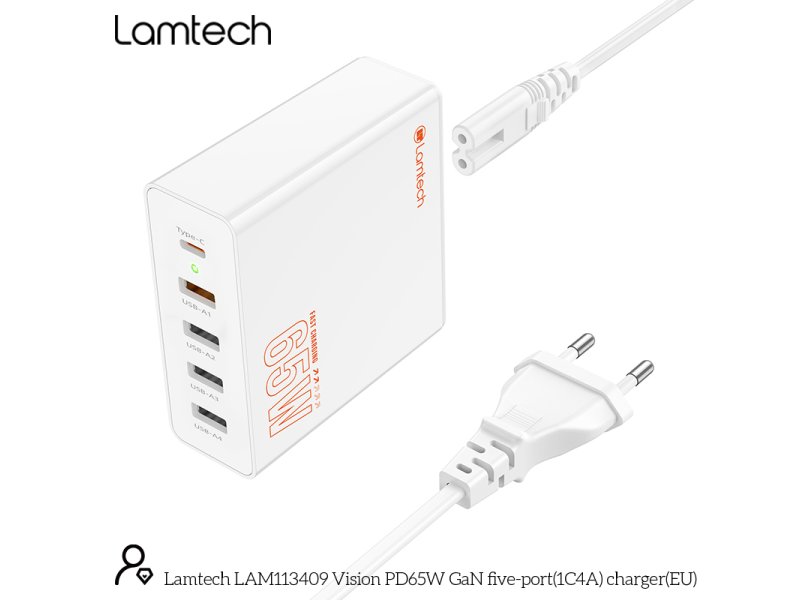 LAMTECH GaN ταχυφορτιστής 1xTYPE-C & 4xQC3.0 65W & EU CABLE 1.5M 0037735 LAMTECH GaN ταχυφορτιστής 1xTYPE-C & 4xQC3.0 65W & EU CABLE 1.5M 0037735