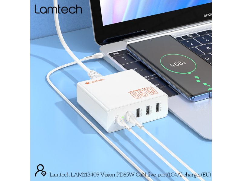LAMTECH GaN ταχυφορτιστής 1xTYPE-C & 4xQC3.0 65W & EU CABLE 1.5M 0037735 LAMTECH GaN ταχυφορτιστής 1xTYPE-C & 4xQC3.0 65W & EU CABLE 1.5M 0037735