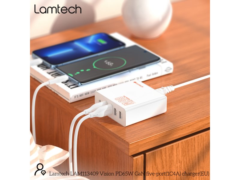 LAMTECH GaN ταχυφορτιστής 1xTYPE-C & 4xQC3.0 65W & EU CABLE 1.5M 0037735 LAMTECH GaN ταχυφορτιστής 1xTYPE-C & 4xQC3.0 65W & EU CABLE 1.5M 0037735