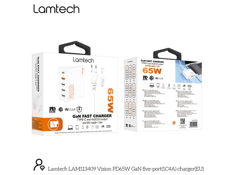 LAMTECH GaN ταχυφορτιστής 1xTYPE-C & 4xQC3.0 65W & EU CABLE 1.5M 0037735 LAMTECH GaN ταχυφορτιστής 1xTYPE-C & 4xQC3.0 65W & EU CABLE 1.5M 0037735