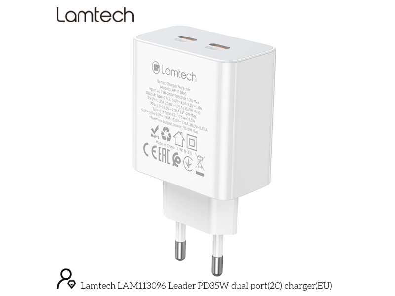 LAMTECH LAM113096 διπλή θύρα type-c FAST PD35W λευκό 0037739 LAMTECH LAM113096 διπλή θύρα type-c FAST PD35W λευκό 0037739