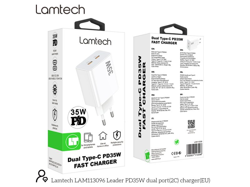 LAMTECH LAM113096 διπλή θύρα type-c FAST PD35W λευκό 0037739 LAMTECH LAM113096 διπλή θύρα type-c FAST PD35W λευκό 0037739