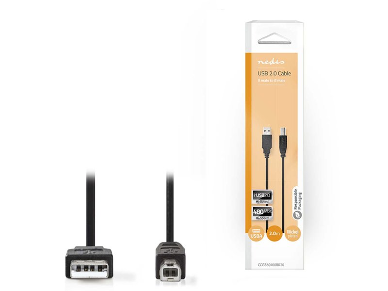 NEDIS CCGB60100BK20 USB 2.0 Καλώδιο Α αρσ - Β Αρσ 2.0m Μαύρο 0040785 NEDIS CCGB60100BK20 USB 2.0 Καλώδιο Α αρσ - Β Αρσ 2.0m Μαύρο 0040785