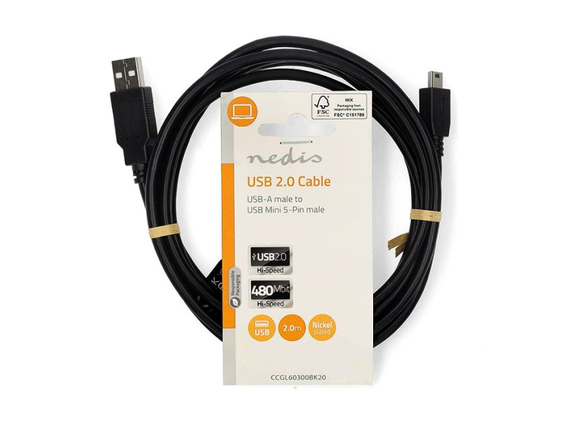 NEDIS CCGL60300BK20 Καλώδιο USB High-Speed A αρσ. - Mini USB 5-pin αρσ., 2.00m σε μαύρο χρώμα 0040798 NEDIS CCGL60300BK20 Καλώδιο USB High-Speed A αρσ. - Mini USB 5-pin αρσ., 2.00m σε μαύρο χρώμα 0040798