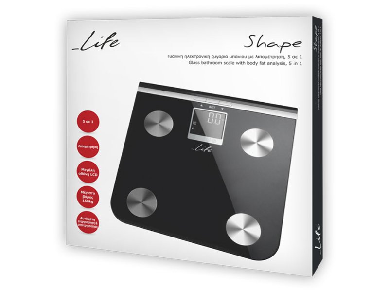 LIFE Shape 221-0076 Γυάλινη ηλεκτρονική ζυγαριά μπάνιου με λιπομέτρηση, 5 σε 1. 0040938 LIFE Shape 221-0076 Γυάλινη ηλεκτρονική ζυγαριά μπάνιου με λιπομέτρηση, 5 σε 1. 0040938