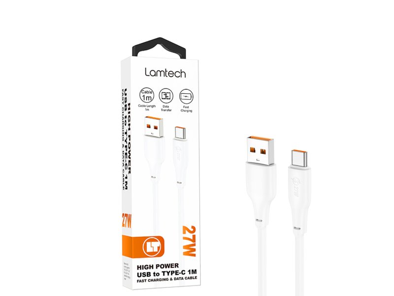 LAMTECH LAM114512 USB 2.0 Καλώδιο USB-C male - USB-A 27W Λευκό 1m 0041012 LAMTECH LAM114512 USB 2.0 Καλώδιο USB-C male - USB-A 27W Λευκό 1m 0041012