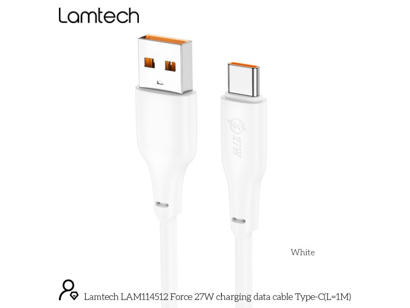 LAMTECH LAM114512 USB 2.0 Καλώδιο USB-C male - USB-A 27W Λευκό 1m 0041012 LAMTECH LAM114512 USB 2.0 Καλώδιο USB-C male - USB-A 27W Λευκό 1m 0041012