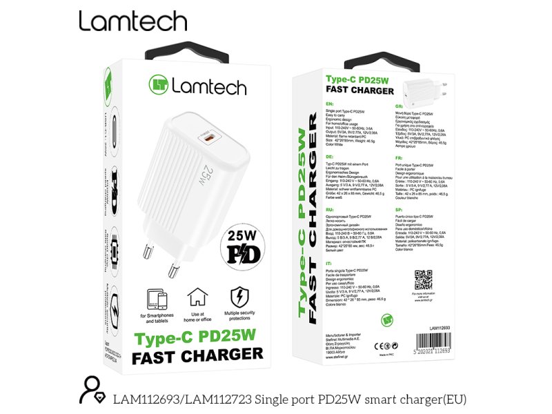 LAMTECH LAM112693 Φορτιστής χωρίς Καλώδιο με θύρα USB-C 25W Power Delivery Whites 0041030 LAMTECH LAM112693 Φορτιστής χωρίς Καλώδιο με θύρα USB-C 25W Power Delivery Whites 0041030