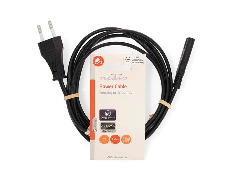 NEDIS CEGL11040BK20 Καλώδιο τροφοδοσίας Euro - 8-Shaped (οχταράκι), 2.00m Μαύρο 0041248 NEDIS CEGL11040BK20 Καλώδιο τροφοδοσίας Euro - 8-Shaped (οχταράκι), 2.00m Μαύρο 0041248