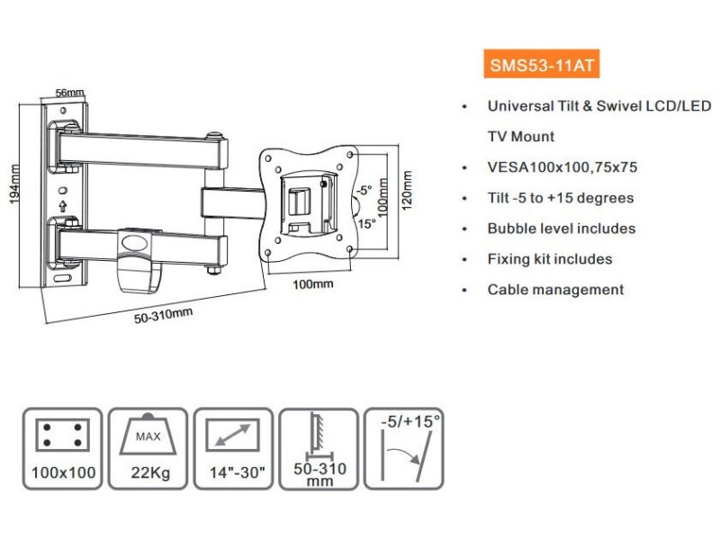 FOCUS MOUNT SMS53-11AT Βάση Τηλεόρασης Τοίχου με Βραχίονα έως 43 FOCUS MOUNT SMS53-11AT Βάση Τηλεόρασης Τοίχου με Βραχίονα έως 43