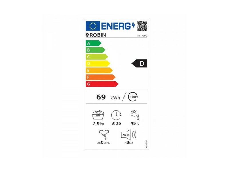 ROBIN TT-750 Πλυντήριο Ρούχων 7kg με Ατμό 1000rpm 0039281 ROBIN TT-750 Πλυντήριο Ρούχων 7kg με Ατμό 1000rpm 0039281