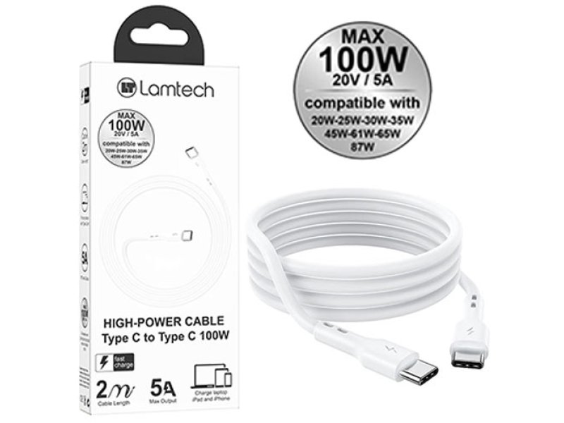 LAMTECH LAM023664 CABLE TYPE C TO TYPE C 100W FAST CHARGE 2M 0039419 LAMTECH LAM023664 CABLE TYPE C TO TYPE C 100W FAST CHARGE 2M 0039419