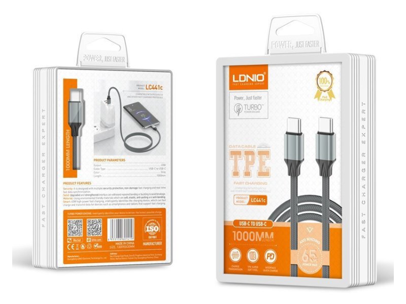LDNIO LC441 USB 2.0 Cable USB-C male - USB-C 65W Γκρι 1m 0040587 LDNIO LC441 USB 2.0 Cable USB-C male - USB-C 65W Γκρι 1m 0040587